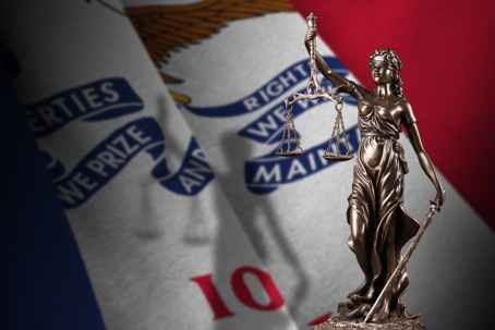Iowa US state flag with statue of lady justice and judicial scales in dark room